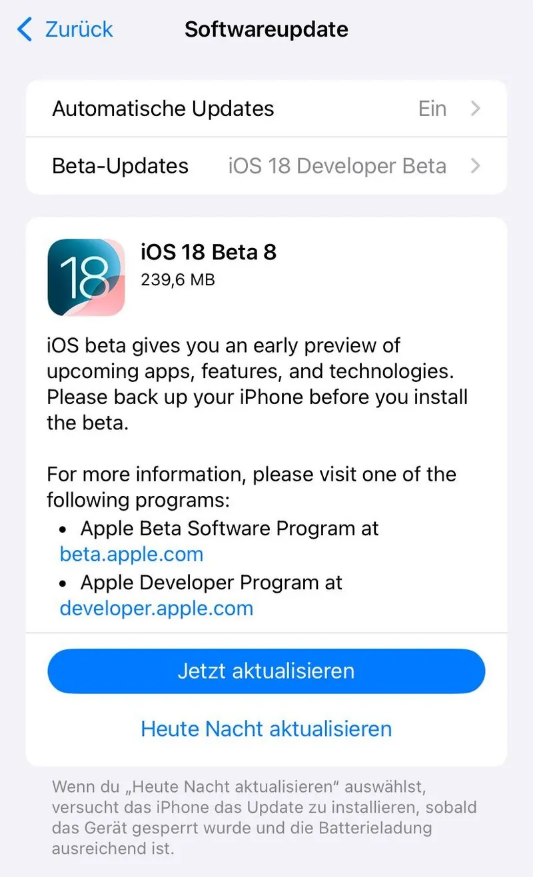 钦南苹果手机维修分享苹果 iOS / iPadOS 18 开发者预览版 Beta 8 发布 